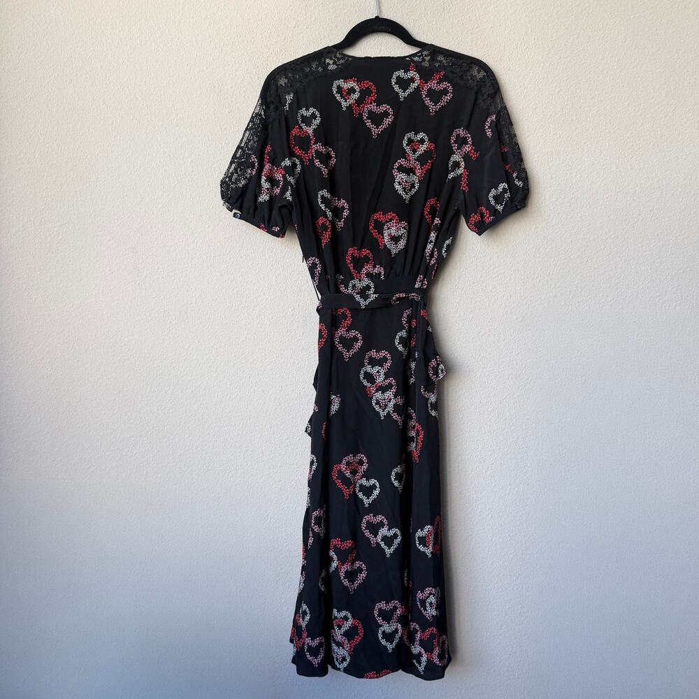 Sandro Paris Black Multicolor Heart Silk Midi Dress Size FR 38 - Picture 3 of 6